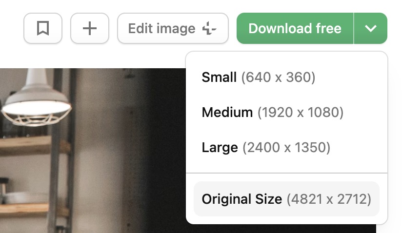 Screenshot showing stock photo download options with multiple resolution choices